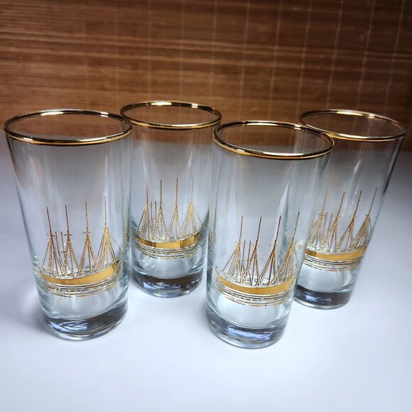 Vintage Schooner Ship Highball Glasses Gold Embossed Mid Century Barware - Picture 1 of 11